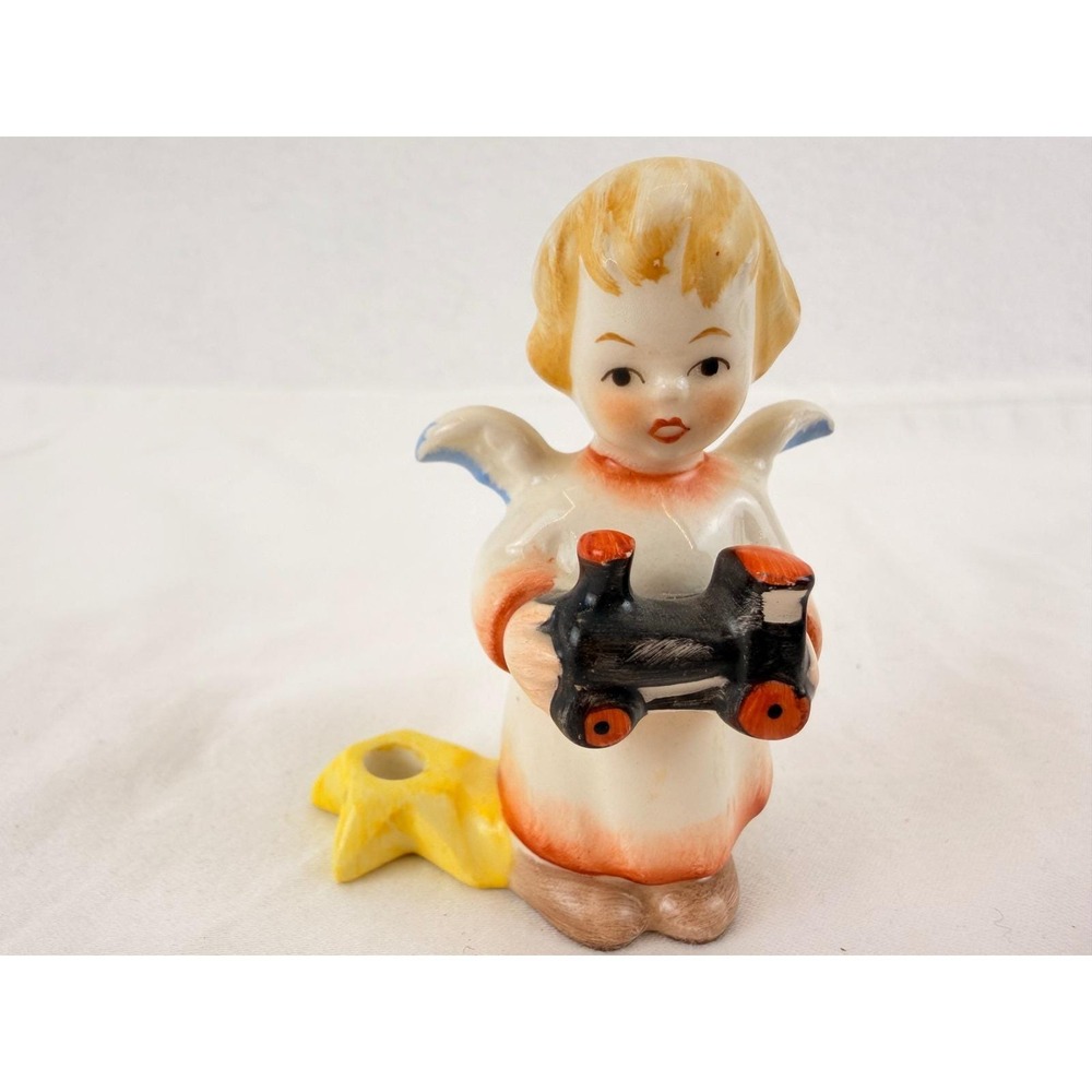 Goebel W Germany Angel Figurine with Toy Train Steam Engine Vintage Ceramic 3"